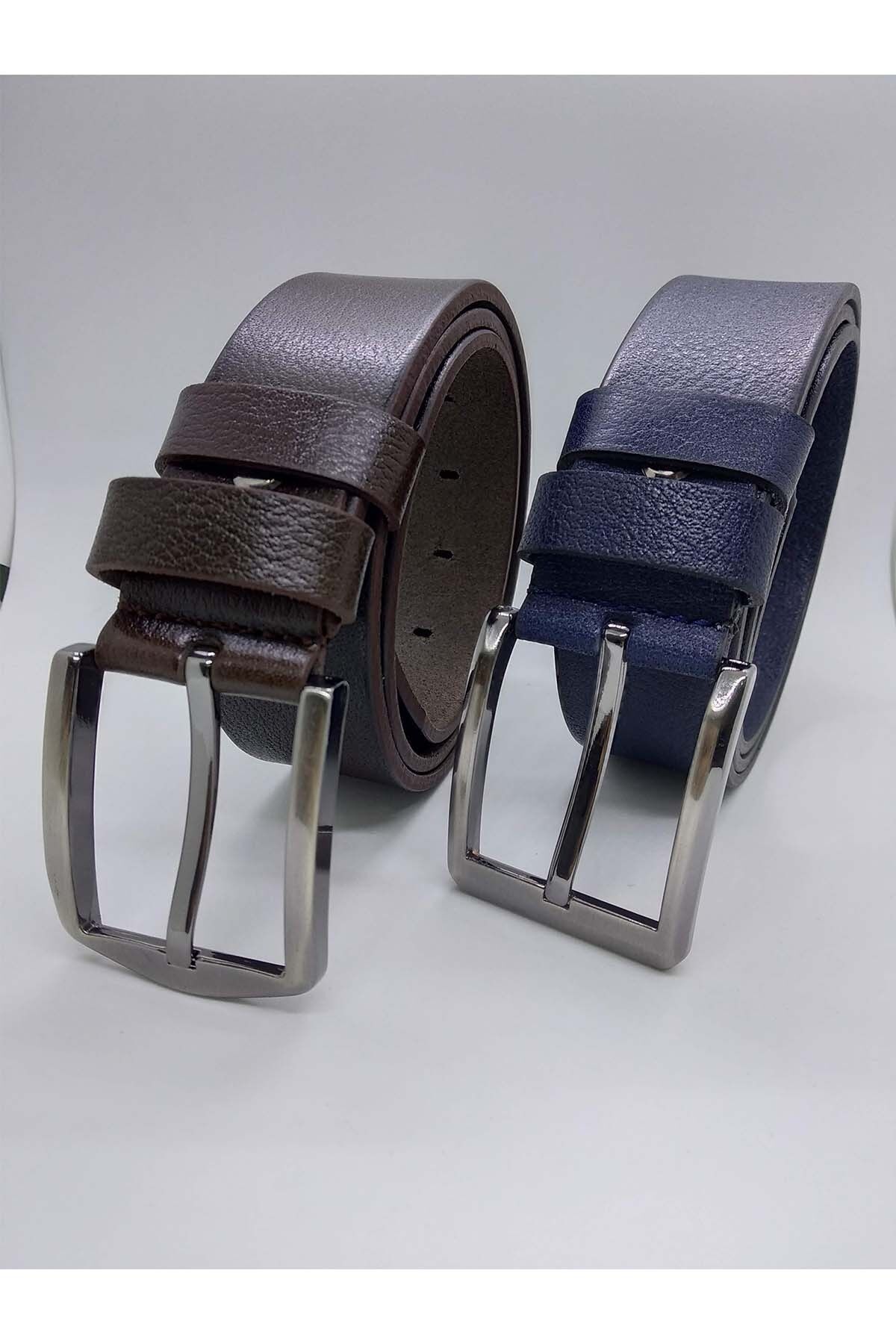 %100 hakiki deri 2’li kahverengi Lacivert Erkek Kemer