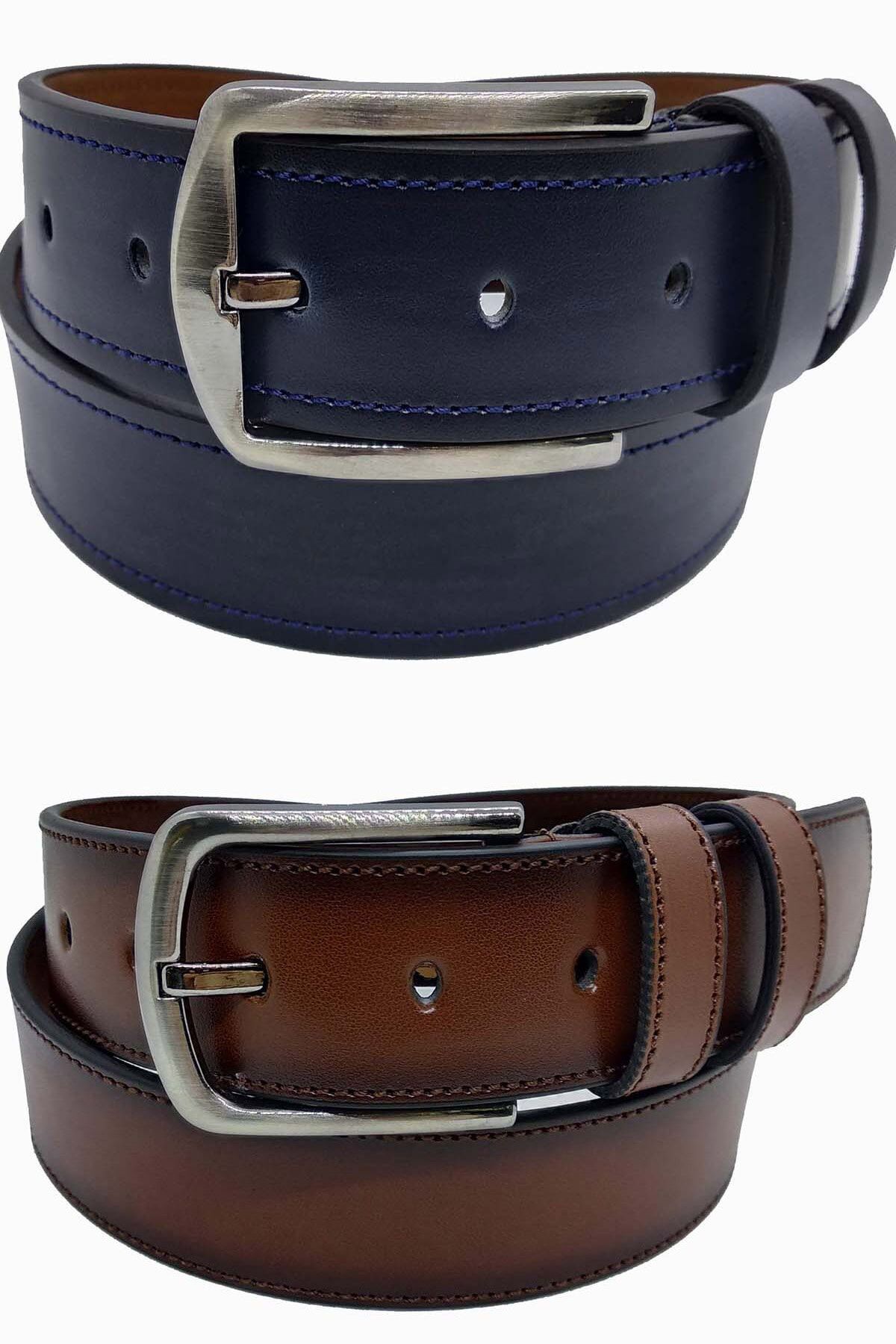 Erkek Deri Kemer 2'li Taba Lacivert Dikişli 4 Cm