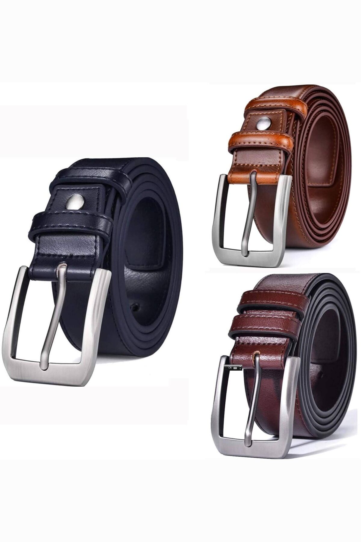 Erkek Deri Kemer 3'lü Lacivert Taba Kahverengi Dikişli 4 Cm