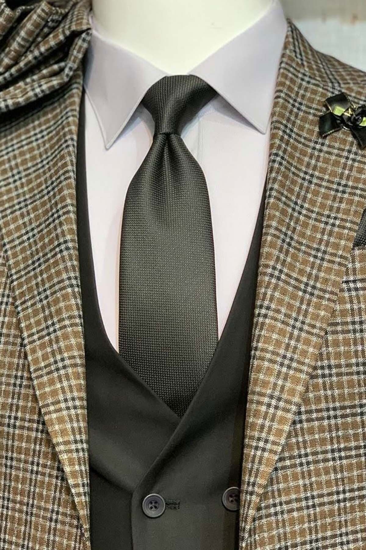 Siyah Kendinden Desenli Slim Kravat Siyah