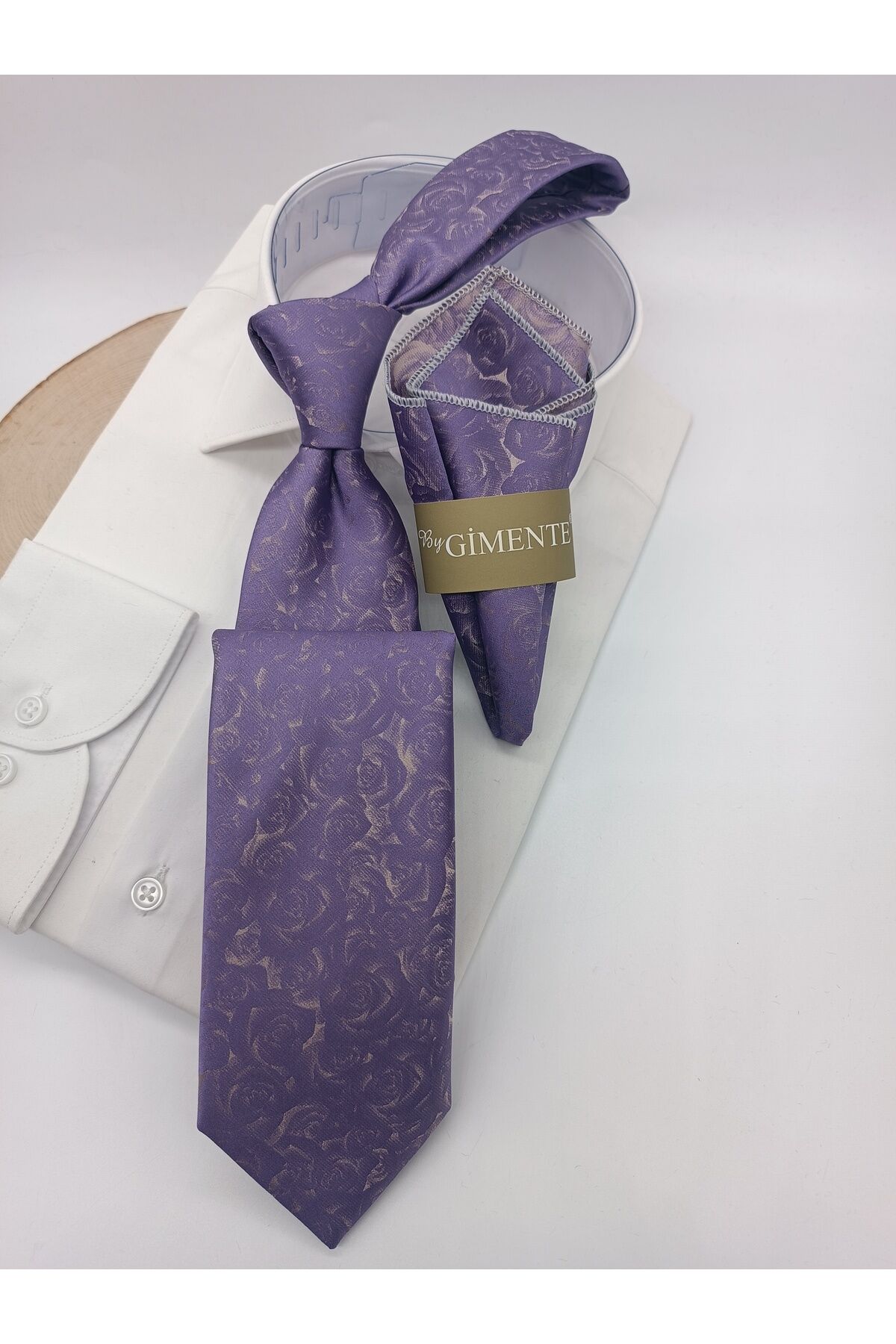 Lila Desenli Klasik Kravat Mendil Set