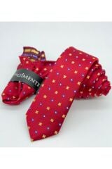 Kırmızı Desenli Mendilli Slim Kravat