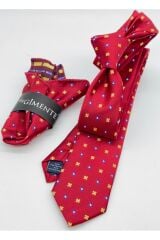 Kırmızı Desenli Mendilli Slim Kravat