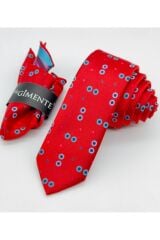 Kırmızı Desenli Mendilli Slim Kravat