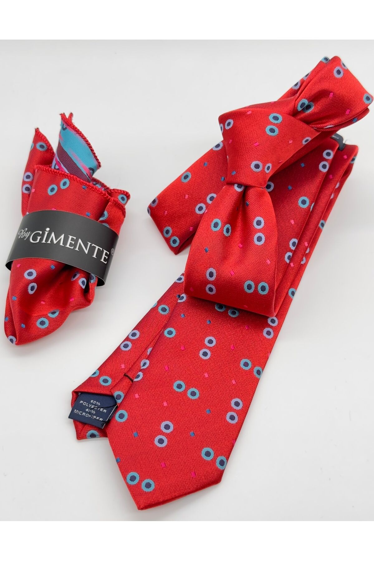 Kırmızı Desenli Mendilli Slim Kravat