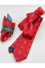 Kırmızı Desenli Mendilli Slim Kravat