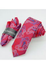 Kırmızı Şal Desenli Mendilli Slim Kravat