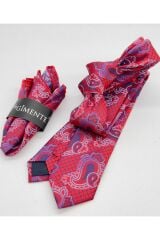 Kırmızı Şal Desenli Mendilli Slim Kravat