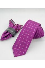 Mor Desenli Mendilli Slim Kravat