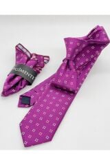 Mor Desenli Mendilli Slim Kravat