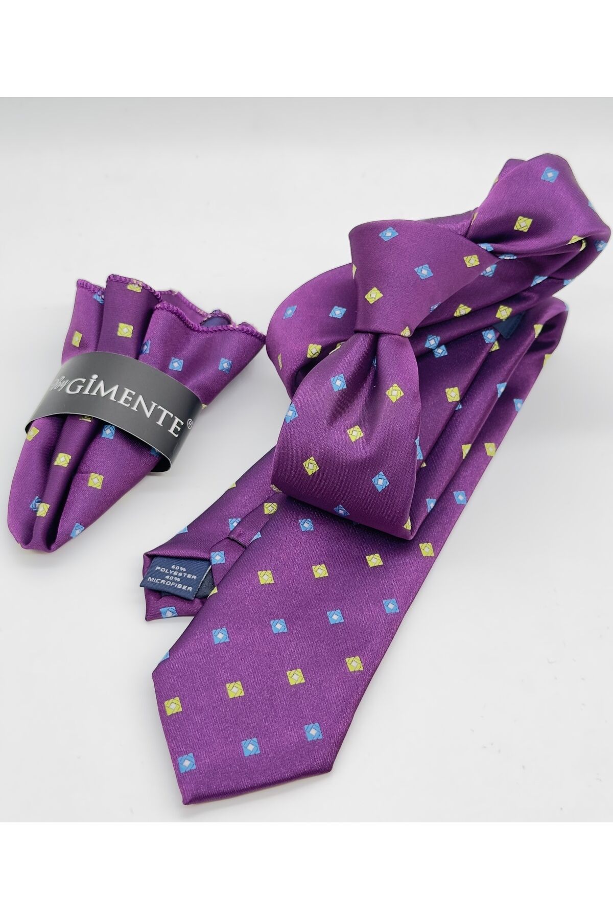 Mor Desenli Mendilli Slim Kravat