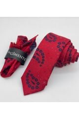 Kırmızı Şal Desenli Mendilli Slim Kravat