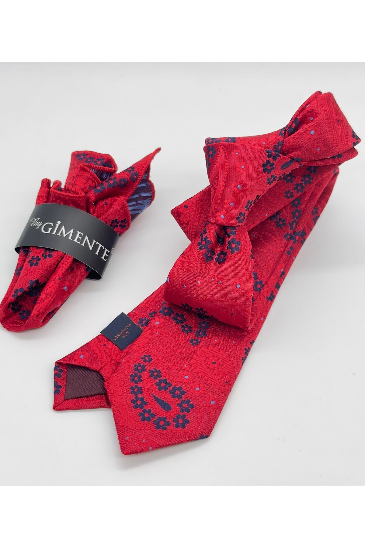 Kırmızı Şal Desenli Mendilli Slim Kravat