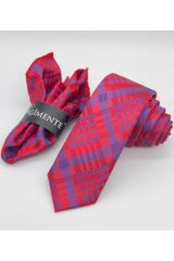 Kırmızı Ekoseli Mendilli Slim Kravat