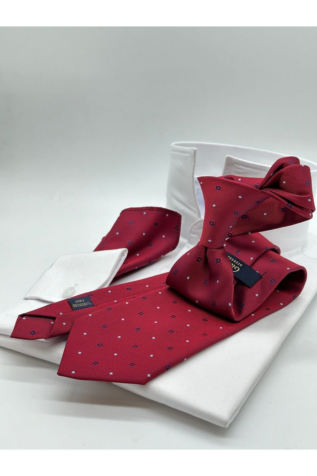 Bordo Desenli Mendilli Klasik Kravat
