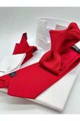 Kırmızı Desenli Mendilli Klasik Kravat