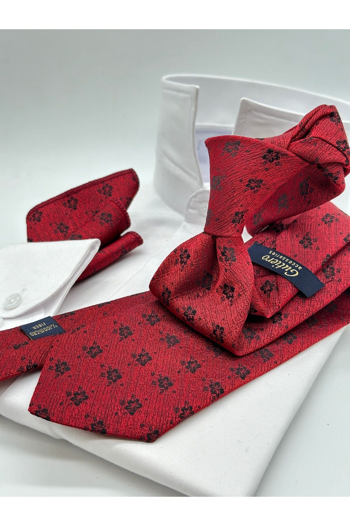 Bordo Desenli Mendilli Klasik Kravat