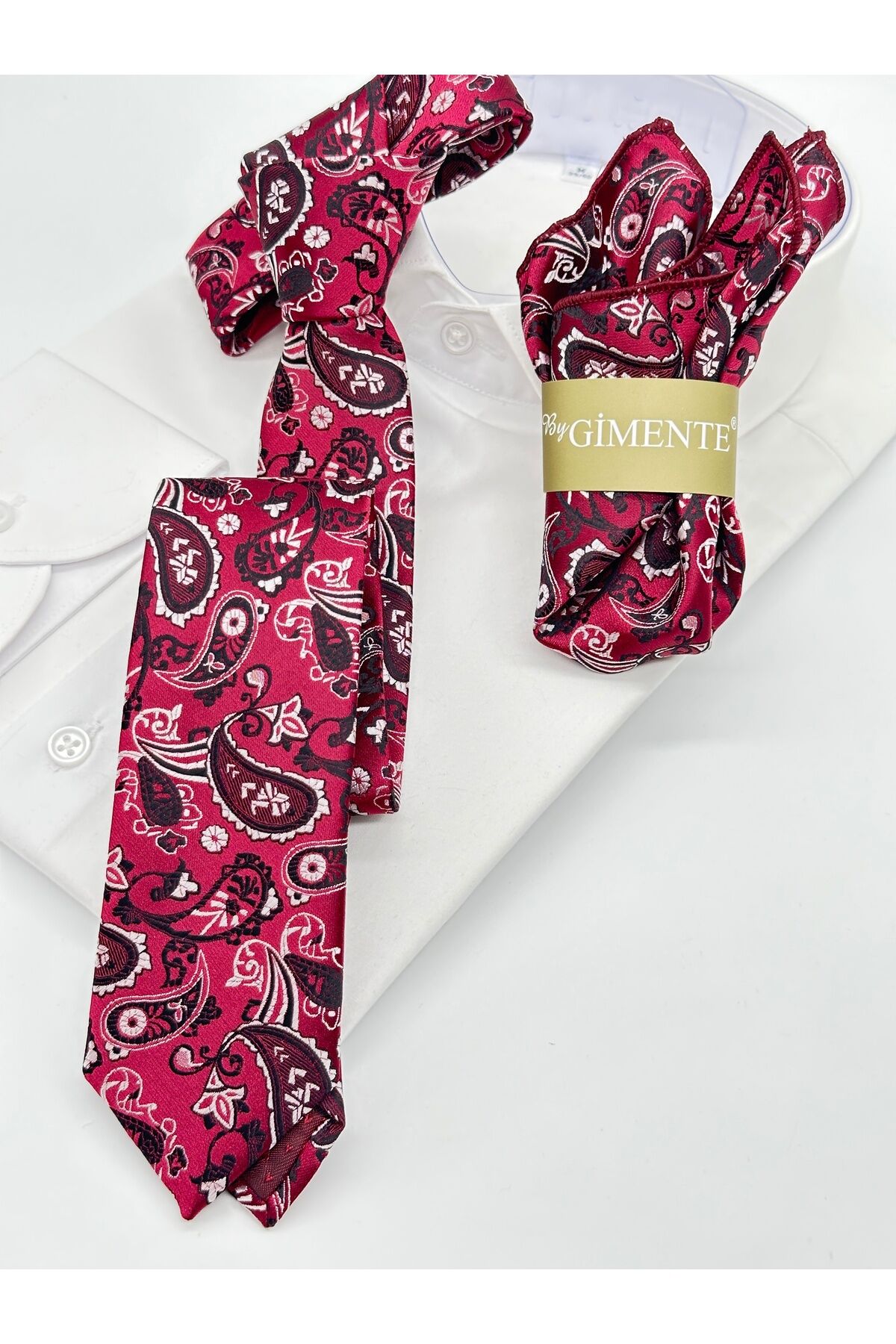 Bordo Şal Desenli Mendilli Slim Kravat