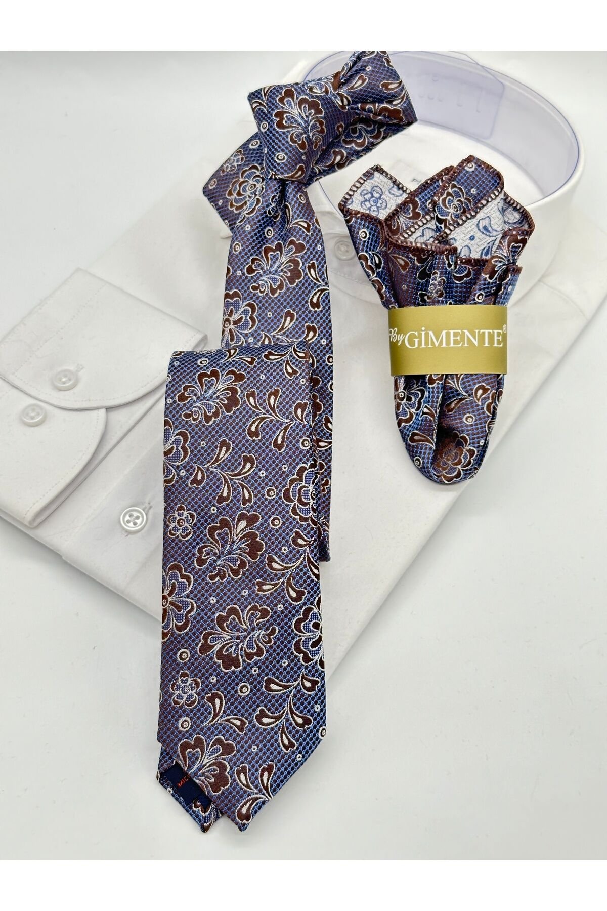 Kahverengi Şal Desenli Mendilli Slim Kravat