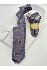 Kahverengi Şal Desenli Mendilli Slim Kravat