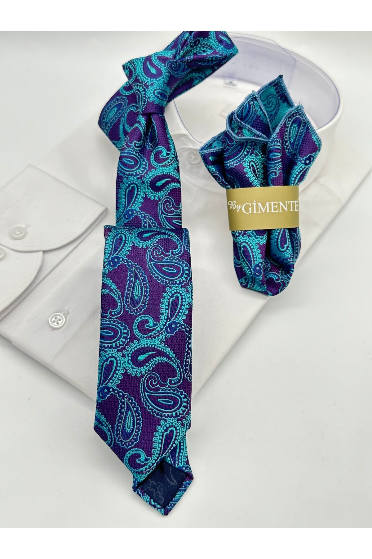 Mor Mavi Şal Desenli Mendilli Slim Kravat