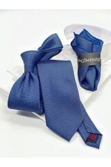 İndigo Mavi Kum Desenli Klasik Mendilli Kravat