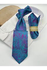 Turkuaz Şal Desenli Klasik Mendilli Kravat