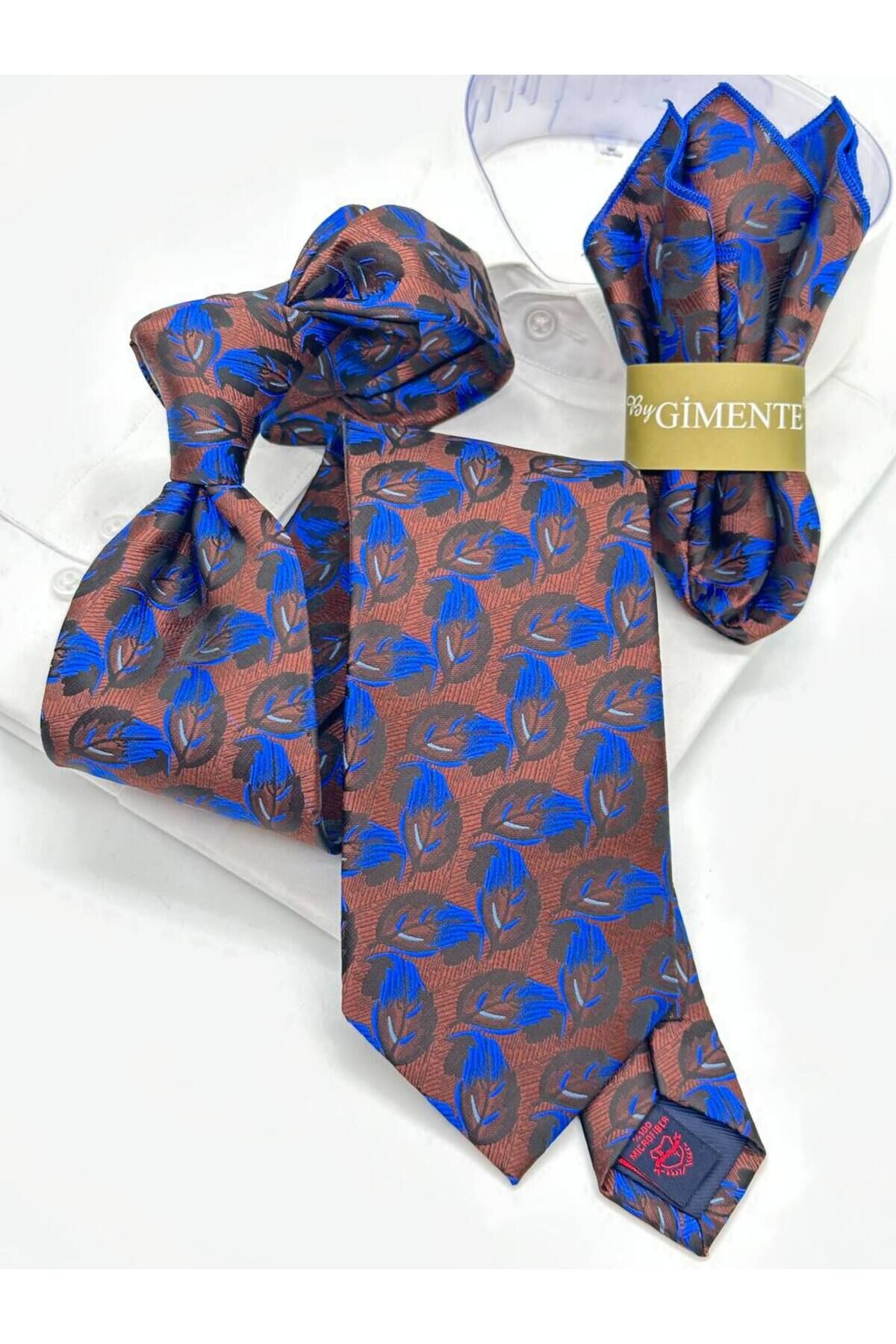 Kahverengi Yaprak Desenli Klasik Mendilli Kravat