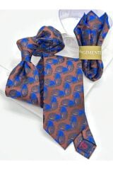 Kahverengi Yaprak Desenli Klasik Mendilli Kravat