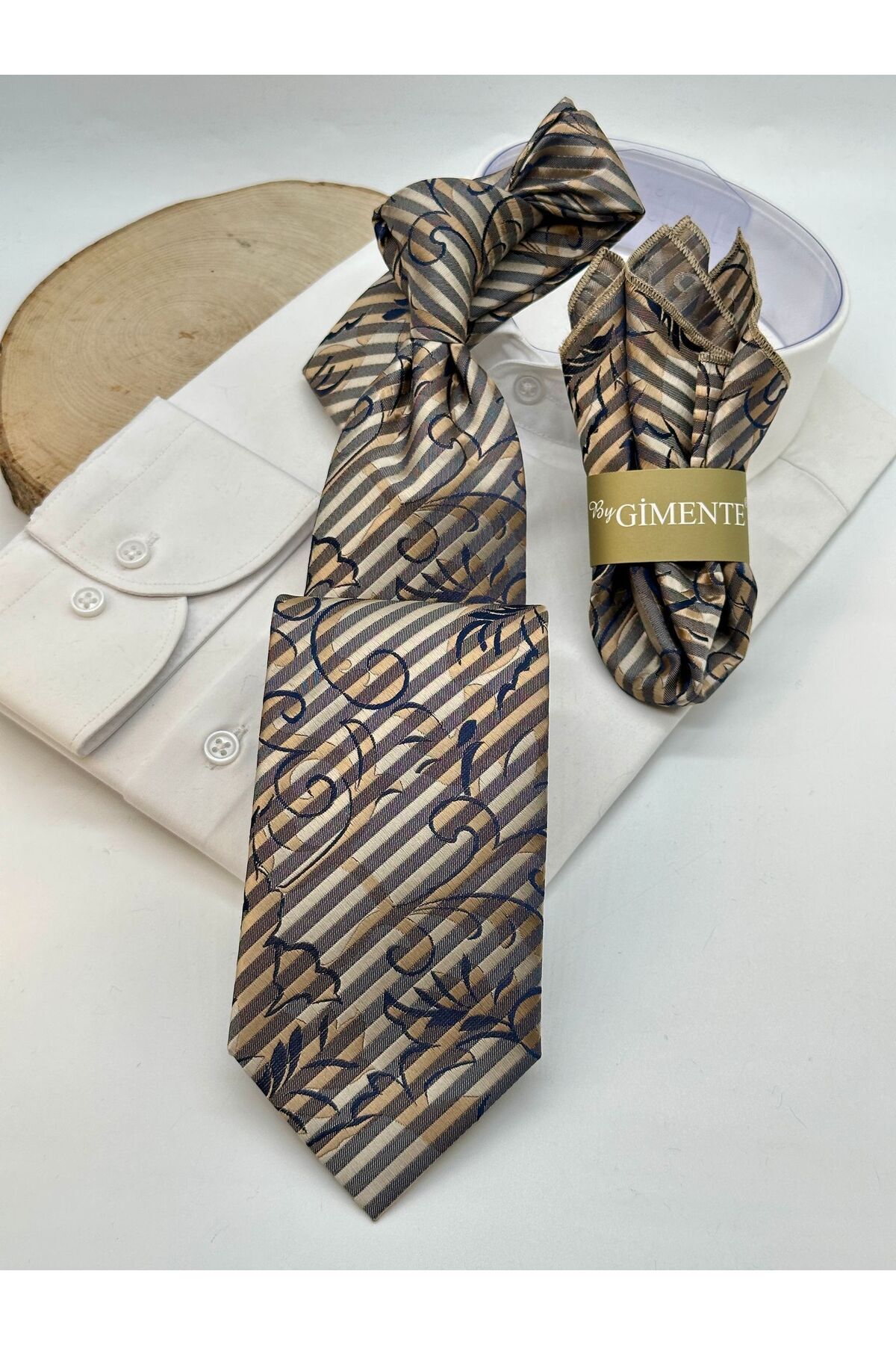 Bej Desenli Mendilli Klasik Kravat