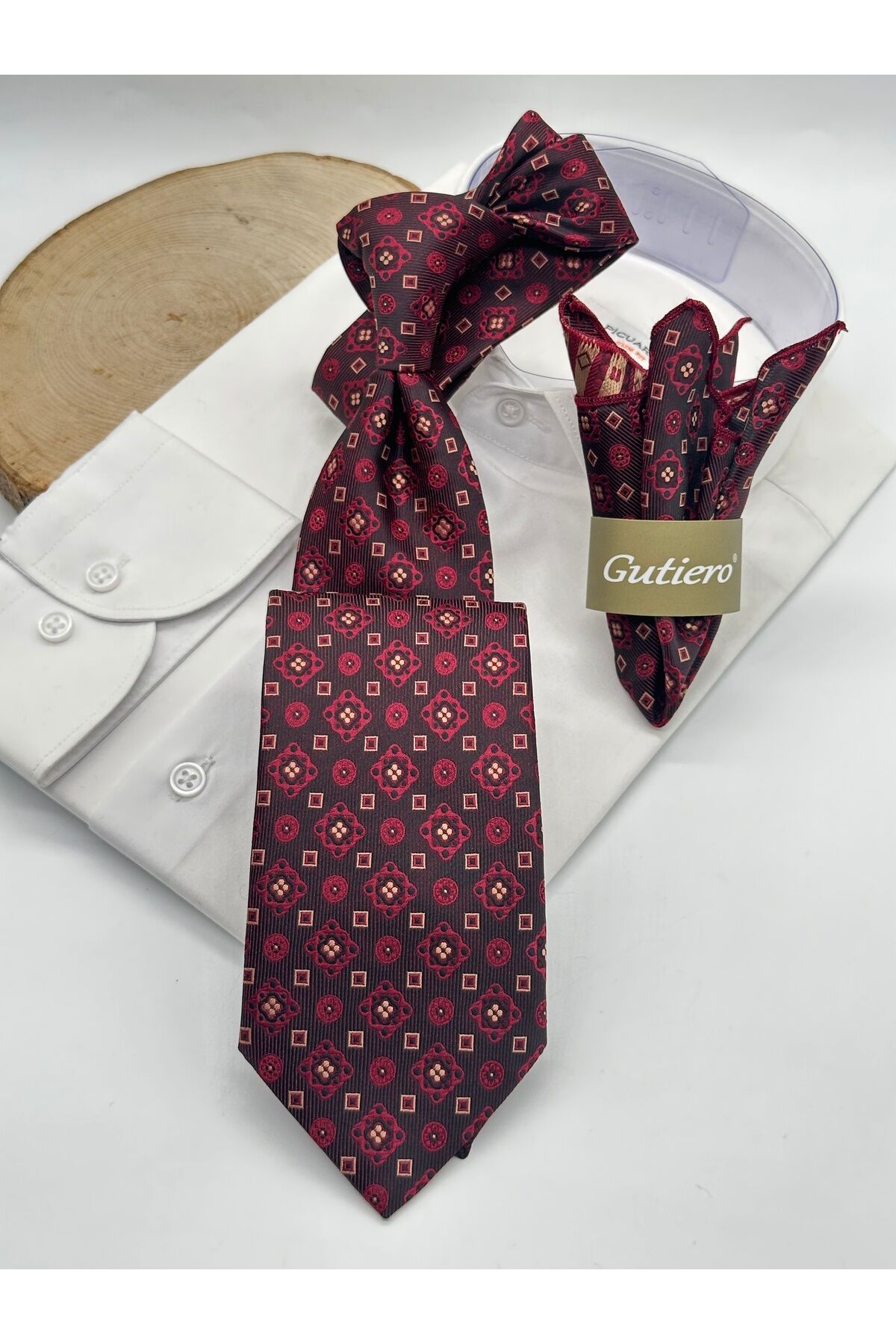 Bordo Desenli Mendilli Klasik Kravat