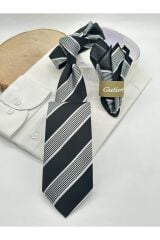 Siyah Beyaz Çizgili Mendilli Klasik Kravat