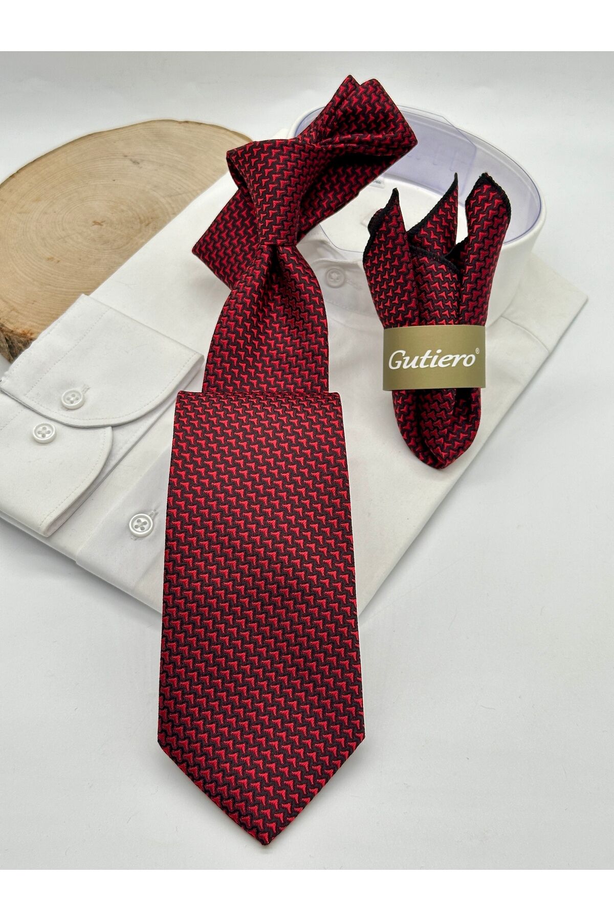 Bordo Desenli Mendilli Klasik Kravat