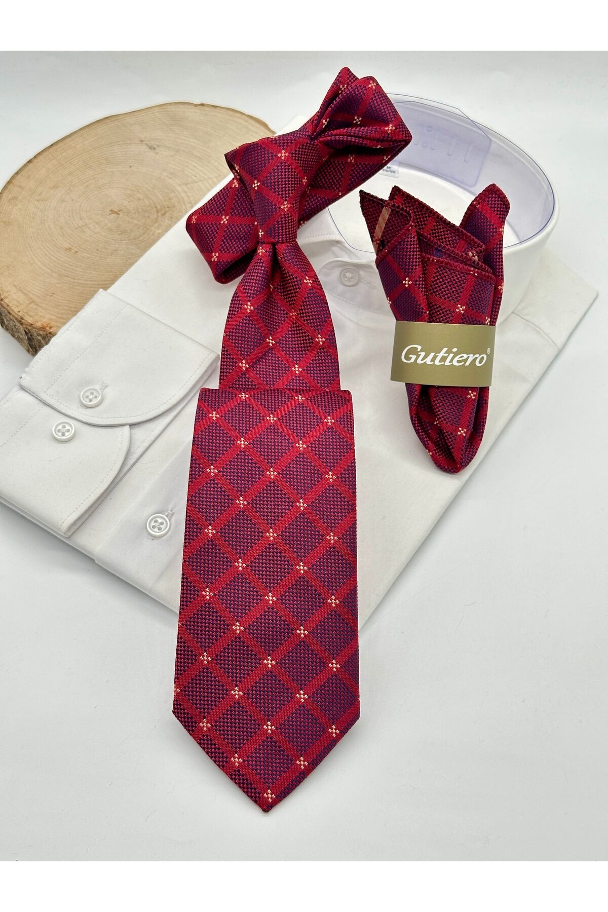 Kırmızı Ekoseli Mendilli Klasik Kravat
