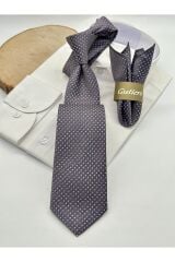 Gri Noktalı Mendilli Klasik Kravat