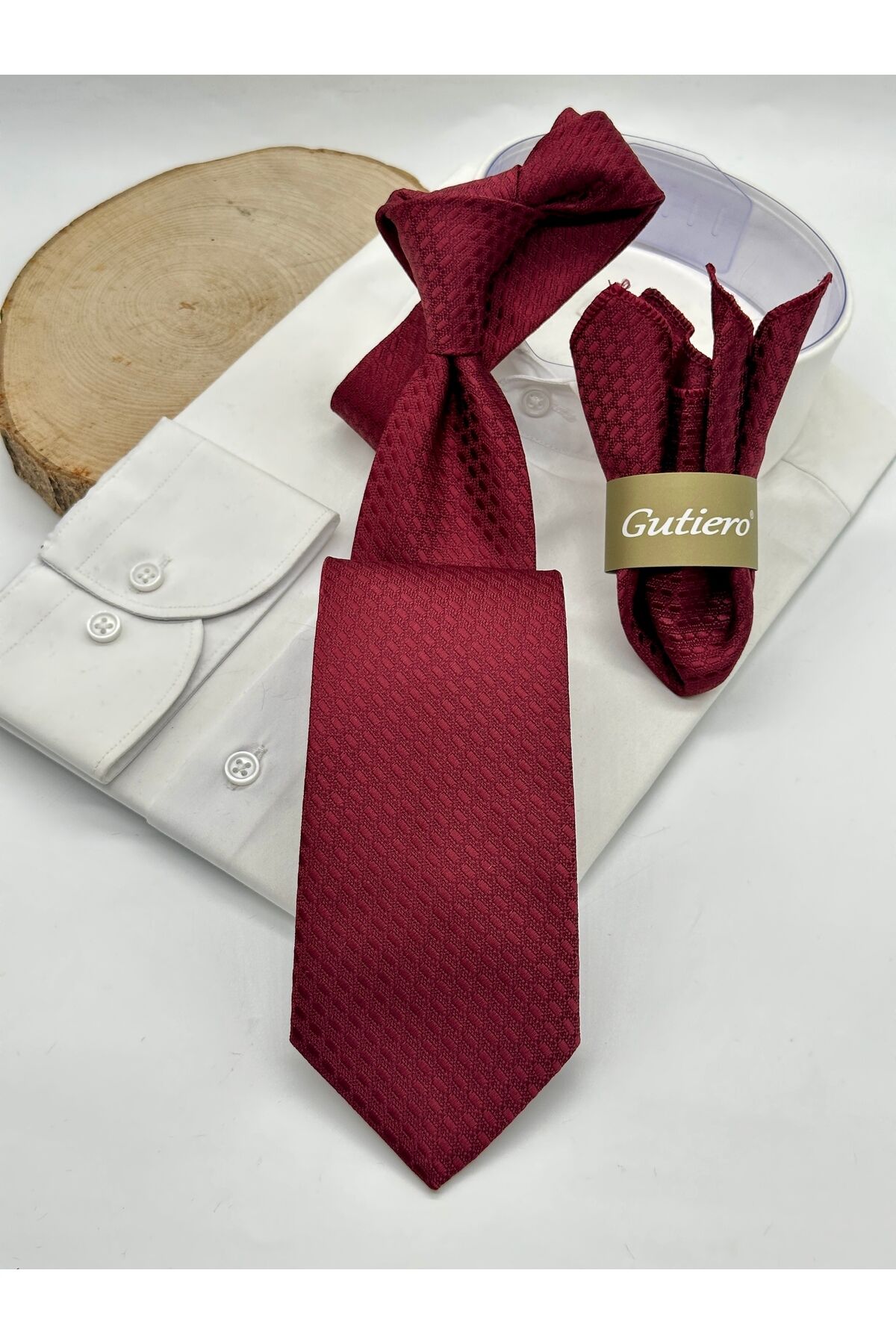 Bordo Desenli Mendilli Klasik Kravat