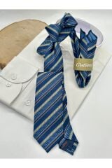 Lacivert Gold Çizgili Mendilli Klasik Kravat