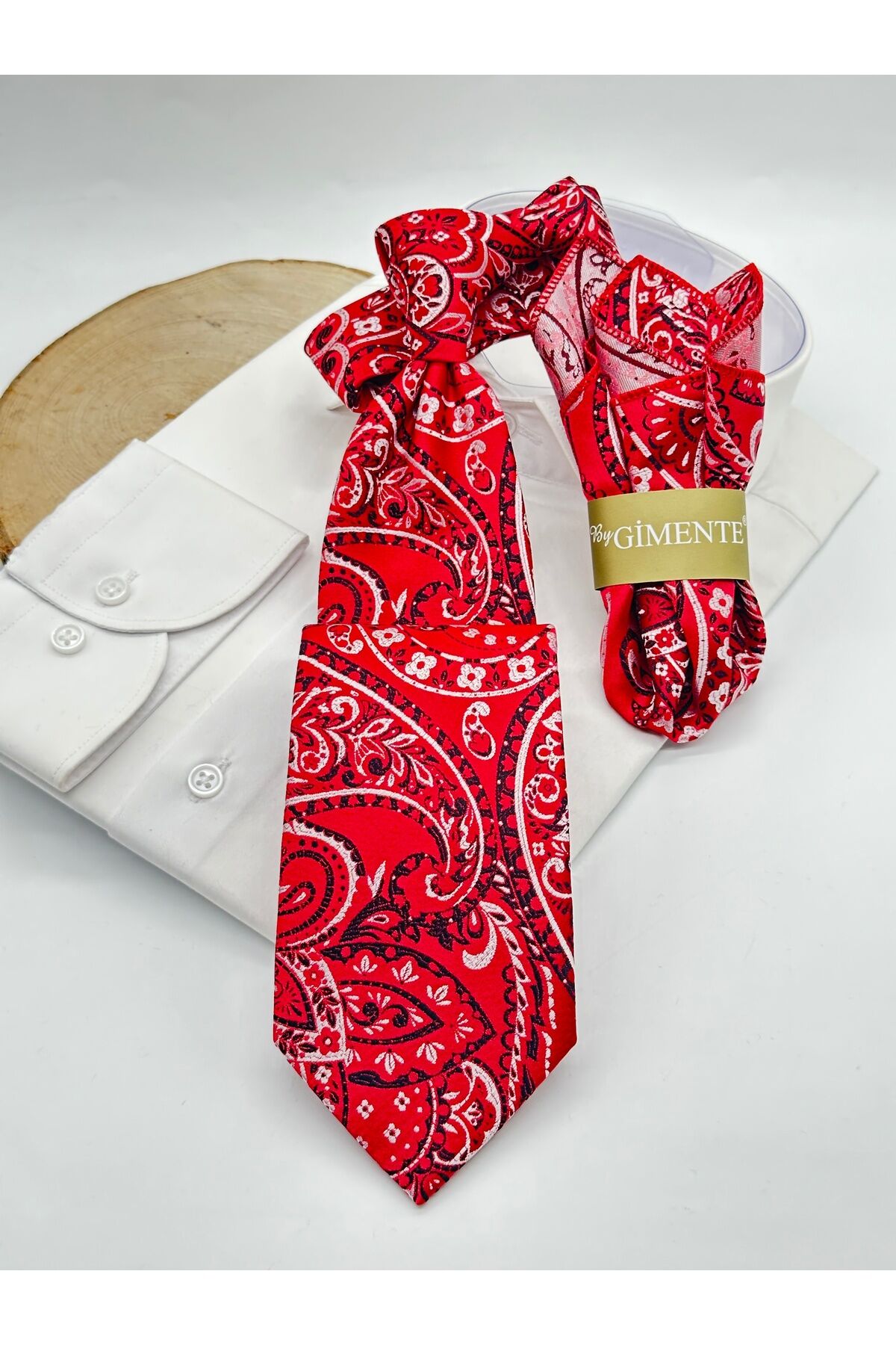 Kırmızı Şal Desenli Mendilli Klasik Kravat