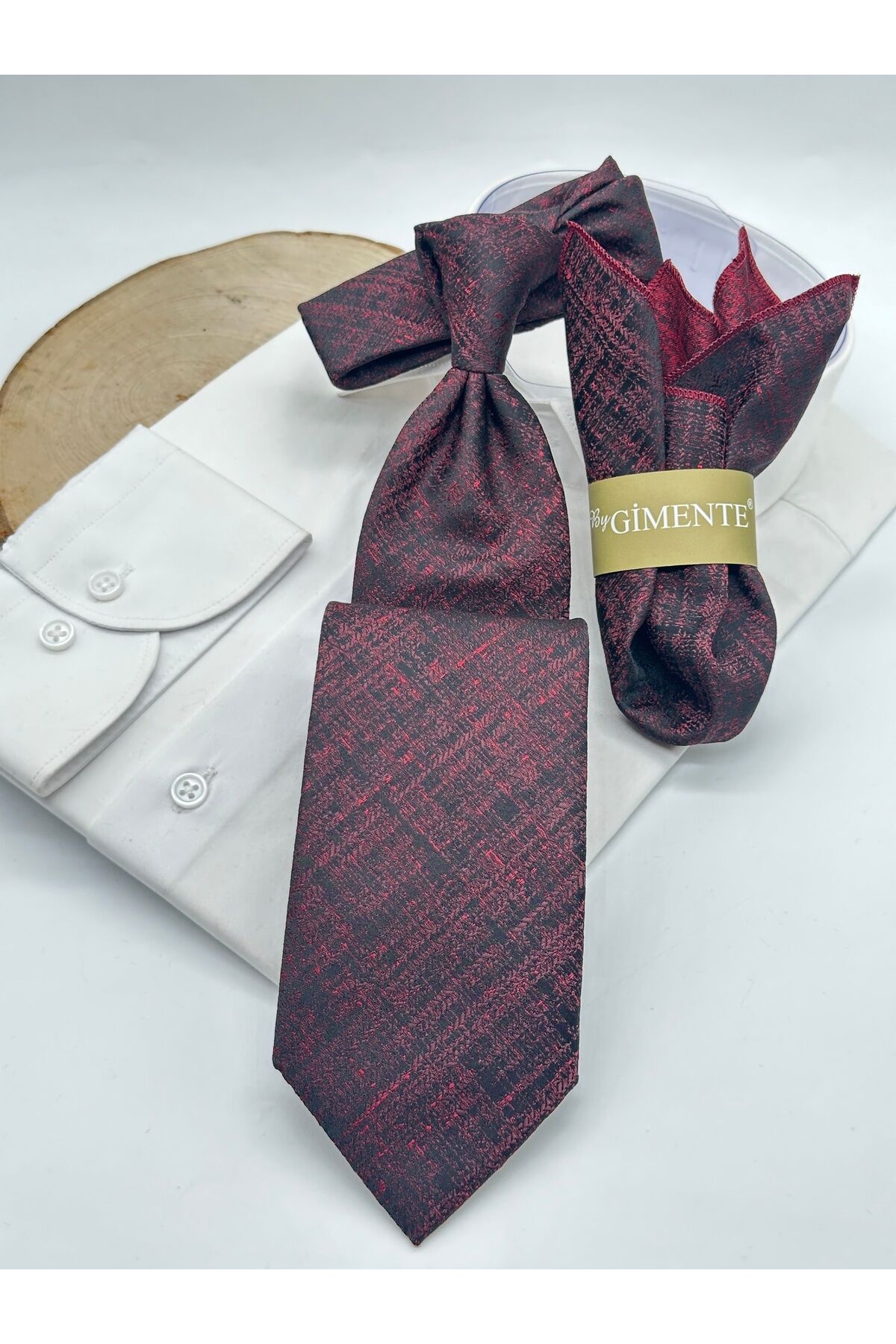 Bordo Desenli Mendilli Klasik Kravat