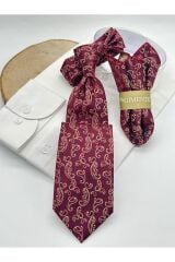 Bordo Şal Desenli Mendilli Klasik Kravat