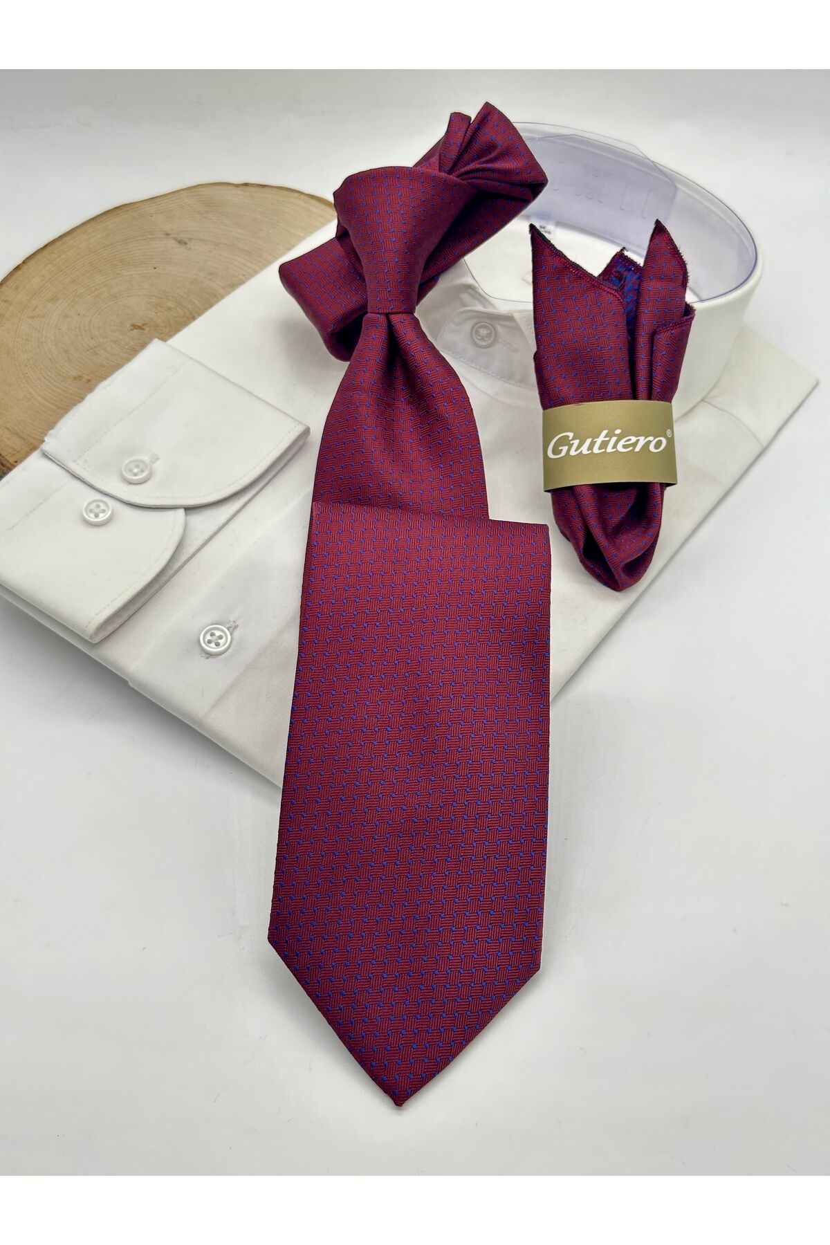Bordo Desenli Mendilli Klasik Kravat