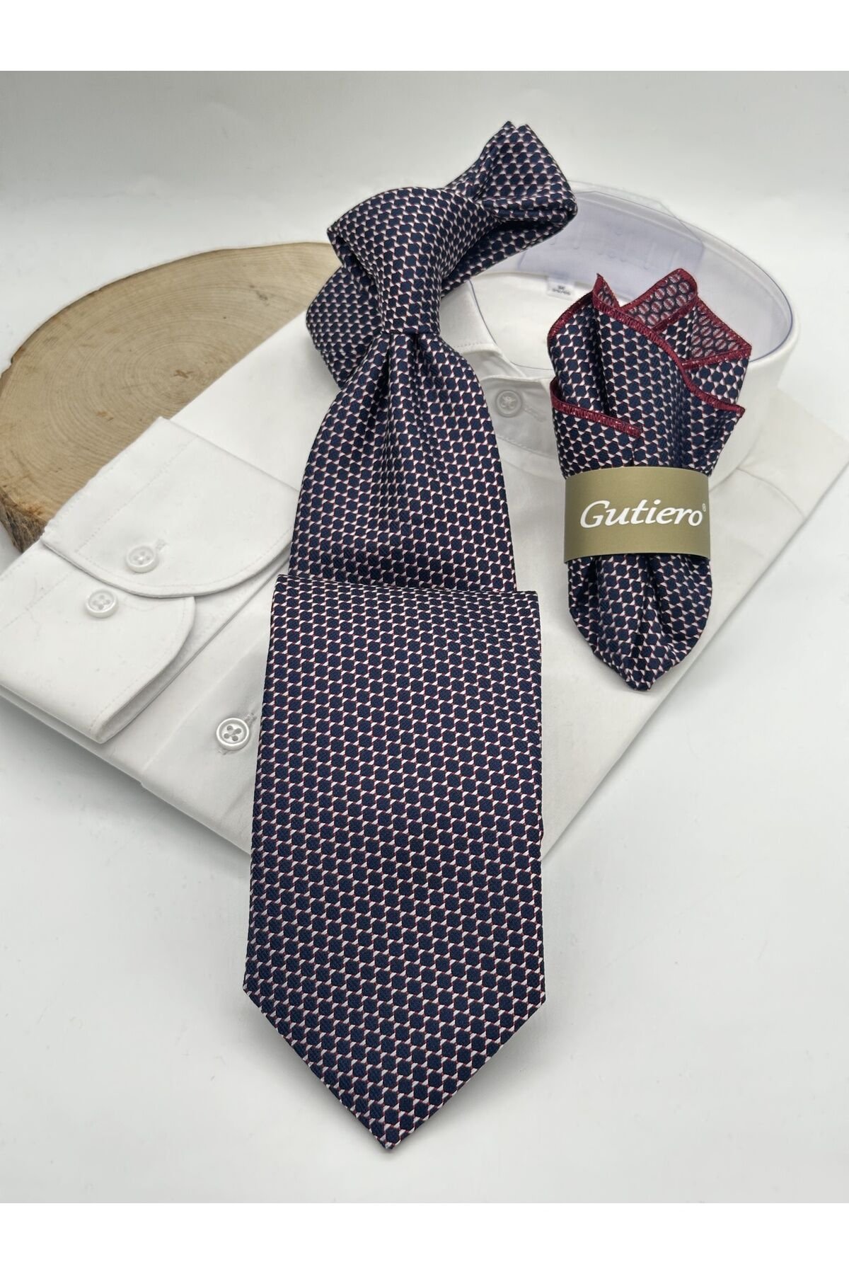 Lacivert Bordo Desenli Mendilli Klasik Kravat