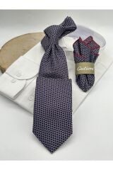 Lacivert Bordo Desenli Mendilli Klasik Kravat