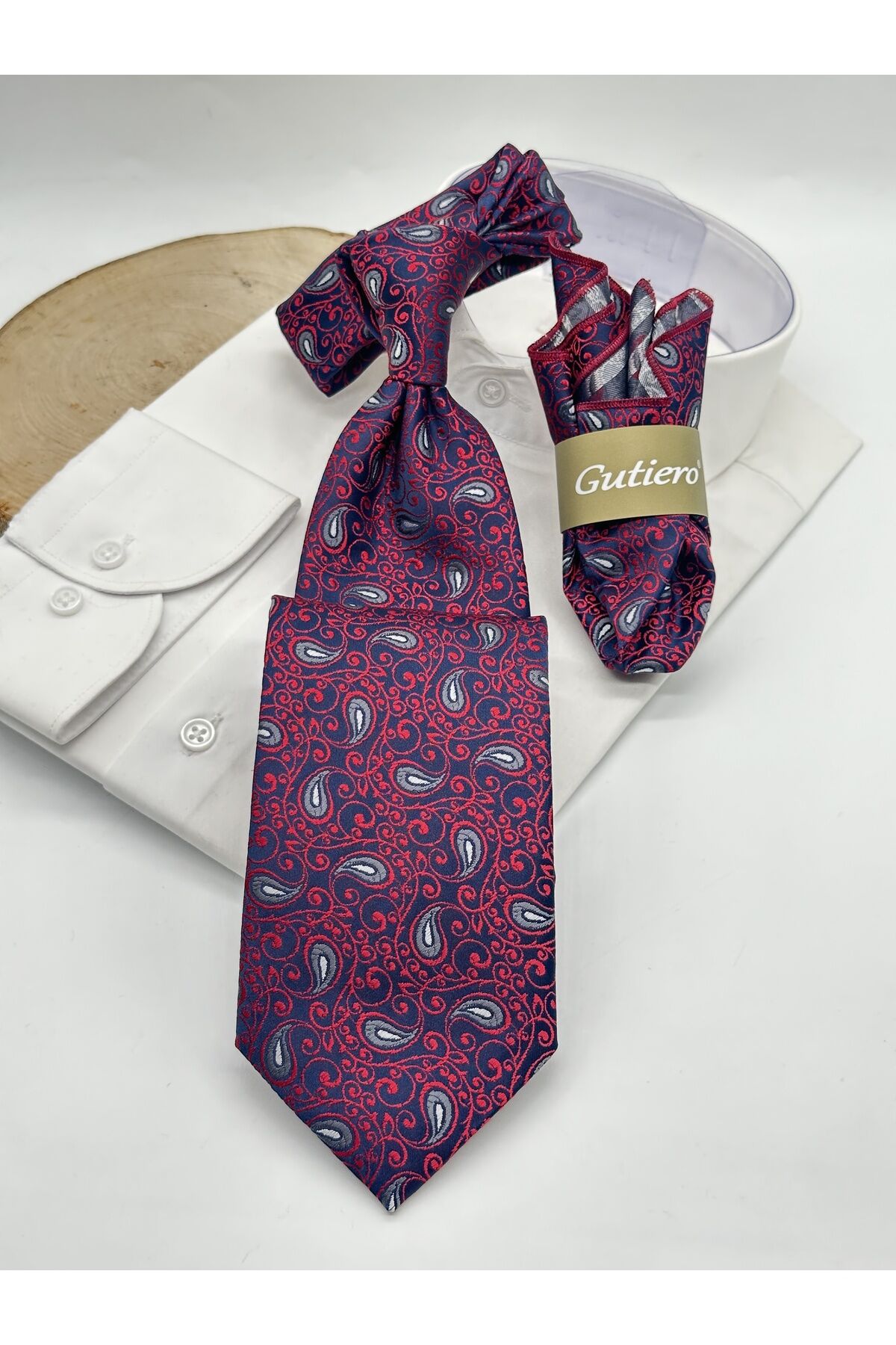 Bordo Lacivert Şal Desenli Mendilli Klasik Kravat