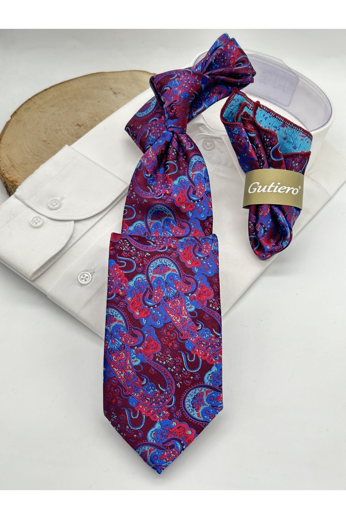 Bordo Şal Desenli Mendilli Klasik Kravat