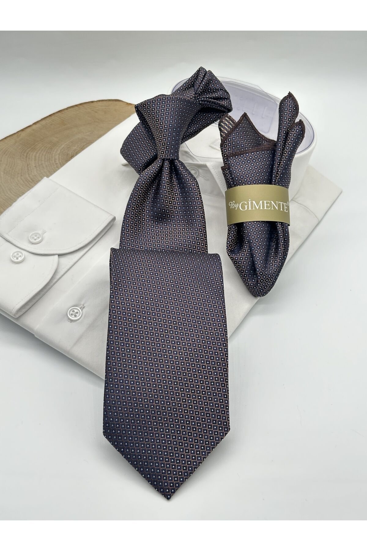 Kahverengi Desenli Mendilli Klasik Kravat