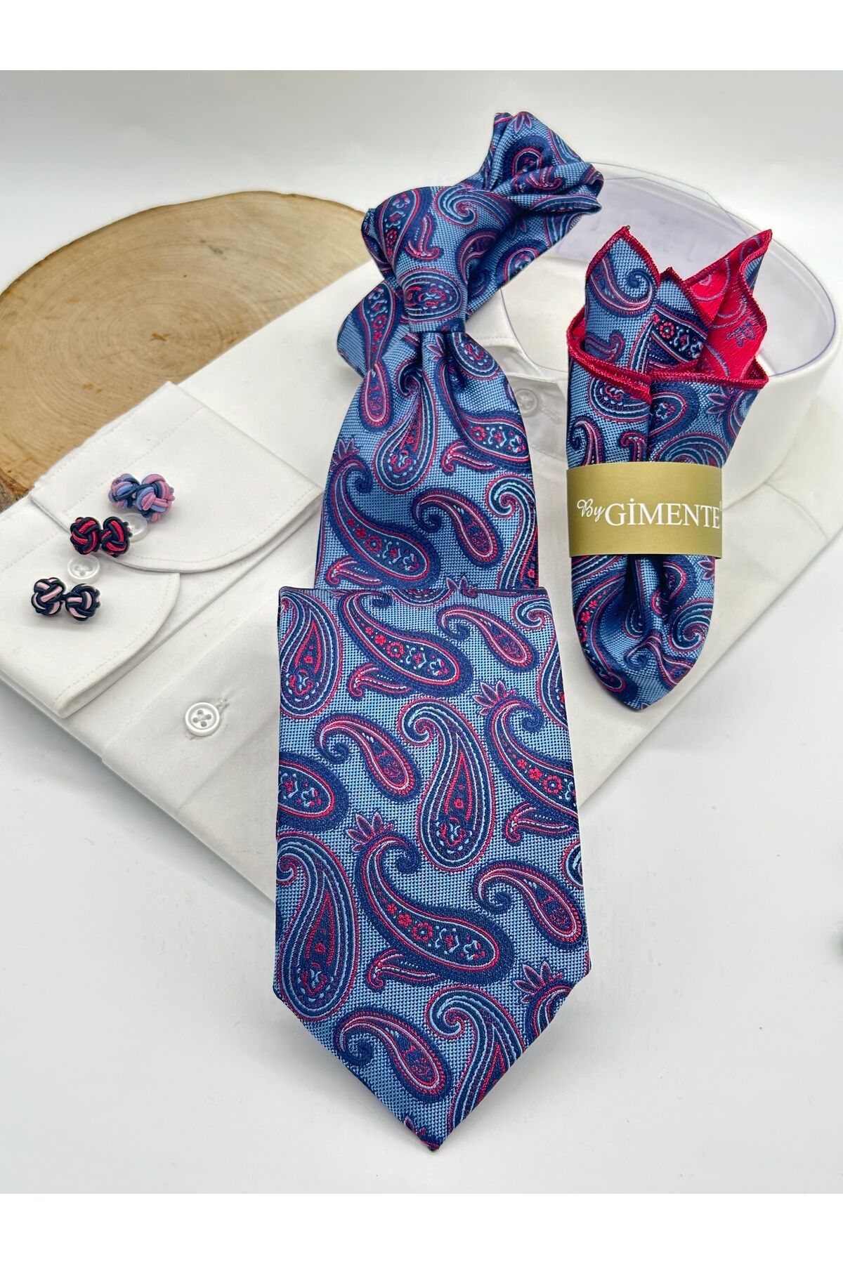 Mavi Şal Desenli Mendilli Klasik Kravat