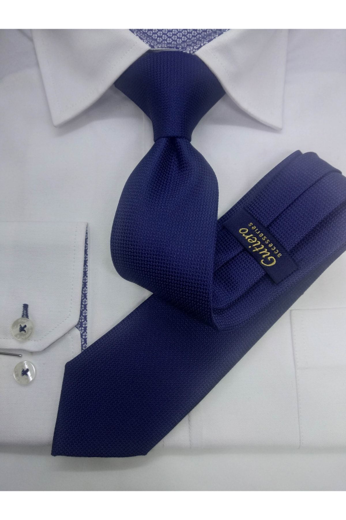 Lacivert Kendinden Desenli Slim Kravat