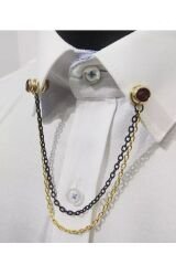 Bordo Taşlı Gold Zincirli Gömlek Yaka Iğnesi
