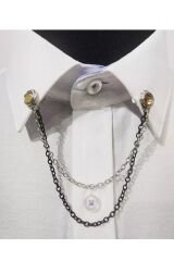 Sarı Taşlı Zincirli Gömlek Yaka Iğnesi